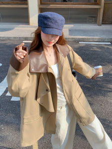 Khaki British Style Leather Splicing Coat Womens Loose Fit Mid-Length Slimming Outerwear Autumn New Arrival Fashion Design