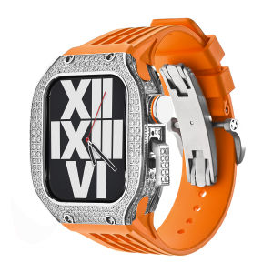 Luxury Modification Mod Kit for Apple Watch Series 9 8 7 6 SE 5 4 45mm 44mm Case Mod Kit Diamond-set Titanium Alloy Metal Bezel Frame Rubber Starp for iwatch Series 9 8 7 6 5 4 SE 44mm 45mm Accessories Band Metal Bow Watch Buckle 44mm 45mm Silicone Band