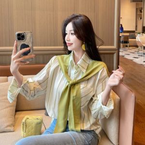 Elegant Loose Striped Long Sleeve Shirt Womens Autumn Fashion Casual Style Single Button Closure Polo Neck Regular Length