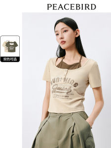 Peacebird American Style Fake Two-Piece T-Shirt Womens Short Sleeve Summer New Slim Short Fashionable Trendy Small Top