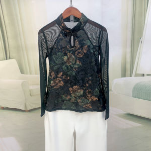 New Chinese Style Womens Long Sleeve Lace Base Shirt Waist Inward High Net Sensation T-Shirt Retro Commute Slim Fit Polyester Fiber