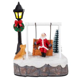 Christmas Santa Swing Figurine with Dog LED Lamp & Christmas Tree Festive Holiday Decoration for Home Xmas Village Ornament