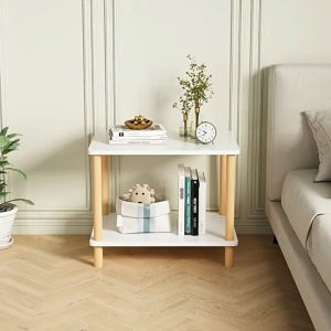 Modern Simple Sofa Side Table Coffee Table Low Table Small Desk with Double Storage Rounded Corner Anti-slip Feet for Living Room Bedroom Balcony