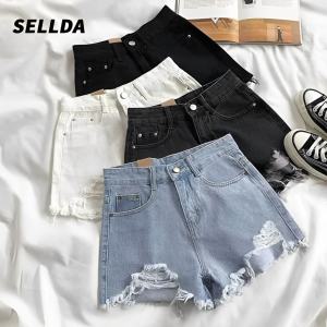 SELLDA S-6XL (25-39) กางเกงยีนขาสั้นเอวสูง กางเกงยีนส์ผู้หญิง แนววินเทจ ขอบรุ่ย มีไซส์ใหญ่