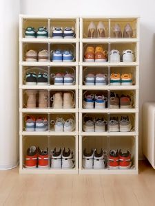 Exlarge Clear Folding Shoe Box Stackable Shoe Rack For Closet 3/6/9 Layers Milk White & Magnetic Door & Durable