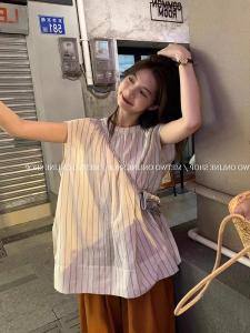 French Lazy Style Long Striped Linen Shirt Vest Women Summer Thin Small Flying Sleeve Doll Shirt Sleeveless Top round Neck