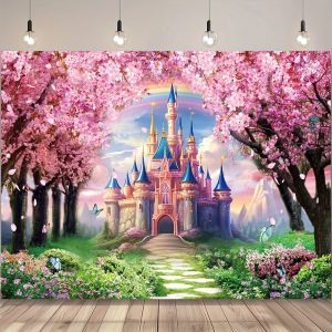 Fairy Tale Rainbow Castle Backdrop Flower Dream Princess Girl Birthday Party Decor Banner  Baby Shower Photography Background