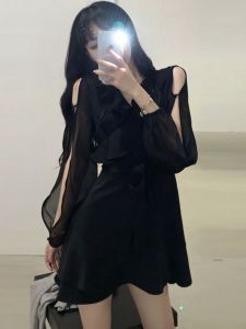 Elegant Design Womens Dress Spring Autumn High Waist Slimming Belted Floral Edge Skirt Korean Style Commute Long Sleeve Short