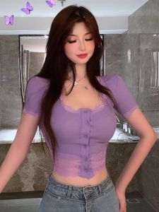 Summer Short Lace Splice Belly Button Baring Knitted Top Womens Fashionable Commute Style Slim Fit Polyester T-Shirt