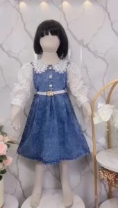 NEW - DRESS JEANS KALINA ANAK PEREMPUAN USIA 3 - 10 TAHUN / BAJU DRESS KOMBINASI BRUKAT LENGAN PANJANG FREE IKAT PINGGANG
