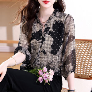 DAIXIANGFEIZI | Áo Blouse Chiffon Hoa Cánh Tay Bảy