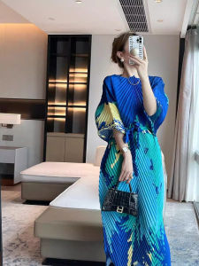 Loose French Print Long Dress Gathered Waist Summer A-Line Skirt Short Sleeve round Neck Pullover High Waist Simple Style