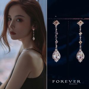 Exquisite Long Tassel Zircon Earrings Glowing Queen Style Wedding Evening Party Dress Jewelry Ear Decorations Luxury Atmosphere