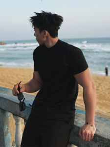 Cleanfit Black Short Sleeve Mens T-Shirt Summer Fitness Sport Small Collar American Style Three-quarter Sleeve Slim Fit Cotton