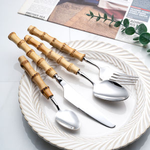 Tay cầm tre 304 thép không gỉ Bộ dụng cụ bàn ăn phương Tây nhà hàng khách sạn Dao ăn bít tết và Bộ nĩa muỗng cà phê độc đáo Muông ăn sup Kem Muỗng tráng miệng