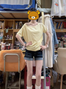 Yellow Shoulder Bared Short Sleeve T-Shirt Womens Summer Casual Versatile Loose Fit round Neck Top Trendy College Style