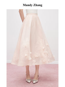 Elegant A-Line High Waist Lace-Paneled Tencel Acetate Half Skirt