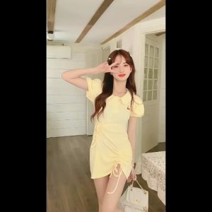 Newlan QZ166 Basic Mini Dress Korean Polo Collar Modis Dress Wanita Musim Panas Cinta Pertama Rok Chic Dress Wanita Gaun Cute Murid Korea Style Motif Lucu Cherry Katun Premium Dress Pendek Pink Mimon Rok