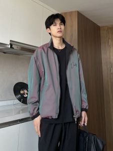 เสื้อแจ็คเก็ตเบสบอลหลวมๆ สำหรับผู้ชาย ทรงหลวม แขนยาว ปกเสื้อแบบมีซิป ผ้าโพลีเอสเตอร์ผสมอะคริลิก ฤดูใบไม้ร่วง 2024