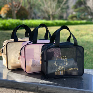 กระเป๋าเครื่องสำอาง HelloKitty ทรงพกพาขนาดใหญ่ ผ้าตาข่ายโปร่งใสสำหรับเดินทาง กระเป๋าใส่ของเครื่องครัวแบบพกพาสำหรับผู้หญิง