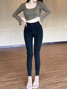 High Waist Black Denim Jeans Womens Korean Style Elastic Slimming Nine-Piece Pencil Pants Tight Fit Boost Hip Cotton Stretch