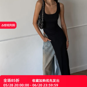 Slim Fit Long Line Strap Vest U Neck Low Cut Basic Versatile Summer Street Style Asymmetric Casual Solid Color Top for Women