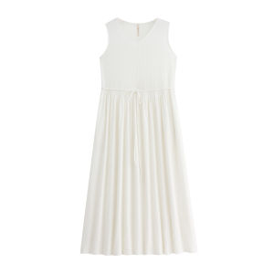 yuenei | Pure Cotton Sleepwear Dress Womens Style Summer Casual V-neck Long Sleeveless Gown With Chest Pad White High-End Feeling