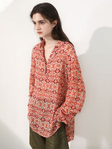 Miccbeirn | Retro Silk Chiffon Long Sleeve Shirt V-neck Casual Loose Fit Floral Print Leisure Top Elegant Artistic Style Comfortable Casual Wear