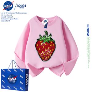 NASA Collaborative Long Sleeve Pure Cotton T-Shirt for Children with Striped Shiny Sequins Girls Spring Autumn Cool Style
