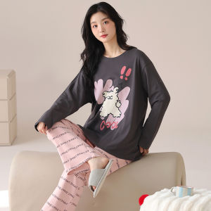 miiow | Couples Pure Cotton Sleepwear Long Sleeve Hooded Home Clothes Set Cartoon Pattern Womens Home Leisure Suit Spring Summer