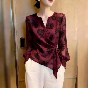 KUNAILIN | Vintage Red V-Neck Tie Waist Print Shirt Long Sleeve