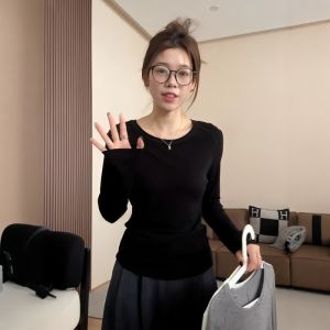 plus Size White round Neck Long Sleeve Slim Fit Womens T-Shirt Early Autumn New Style Cover Belly Flattering Base Shirt Top