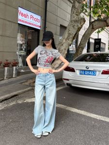 Tristine New Womens Loose Wide Leg Jeans High Waist Straight Cut Floor Length Trousers Light Blue Versatile Frayed Denim