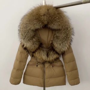 2024 Winter Women Hooded White Duck Down Coat Natural Real Raccoon Fox Fur Collar Jacket Belt Thick Warm Casual Outerwear