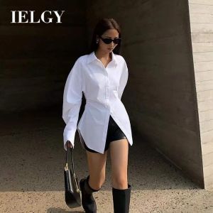 IELGY เสื้อผู้หญิงเสื้อเชิ้ตสไตล์เกาหลีแขนยาวเอวเล็กสีขาว