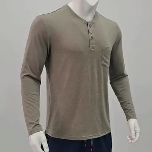 50-130KG PLUS SIZE Men Henley Collar Long Sleeved Oversize T-shirts Solid Casual Single Breasted Soft Bottoming Shirt