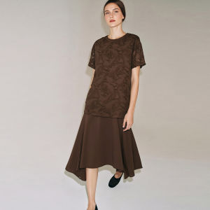 AMII | Round Neck Dropped Shoulder Sleeves Splicing Chiffon Fringe Pheasant Tail Cut Dress Loose Womens Dress