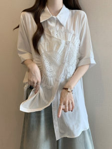 White Lace Splice Short Sleeve Shirt Womens Summer Clothing plus Size Fat MM Mid-Length Butt Covering Base Top Asymmetrical Casual Loose Fit Online Exclusive Thin Fabric Printed Open Cardigan