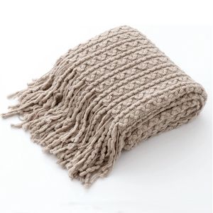 50x60inch Khaki BohoTextured Knitted Fall Decor Blanket with Tassels for CouchBedChairSofa Decorative Cozy Throw Blanket