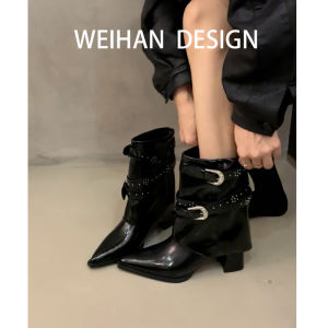 Retro Leather Version Pointed Toe Short Boots Womens Belt Buckle Spicy Western Cowboy Boot Knight Boot Spring Autumn High Heel