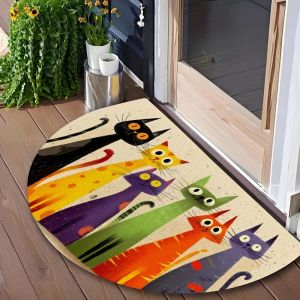 VIKAMA Half Round Colorful Cat Stack Floral Cute Pet Art Flannel Door Mat Non Slip Entryway Bedroom Living Room Home Decor Cozy