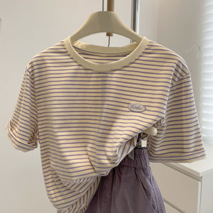 Comfortable Striped Short Sleeve T-Shirt Womens Summer Korean Loose Color Block Youthful Half Sleeve Versatile Trendy Top