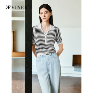 French Style Color Blocked Texture Striped Seagull Collar Knitwear