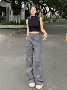 กางเกงขายาวทรงหลวมขาตรงสีเทาสำหรับผู้หญิง ทรงลำลอง ทรงขากว้าง กางเกงขายาวทรงขาบาน ทรงตรง สำหรับใส่ทำงาน