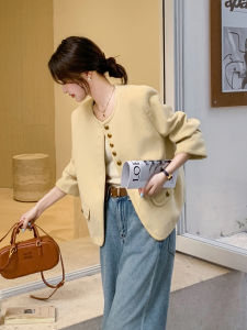 Yellow Short Coat Womens Fashion Design French Style Small Size Top Autumn New Arrival Straight Cut Long Sleeve Button Closure