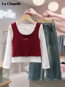 La Chapelle | Bộ Quần Áo Mới Cho Bé Gái Mùa Thu Áo Thun Dây Jeans 3 Món