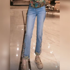 Shalldoer | Traditional Chinese Style Embroidered Flared High Waist Slimming Denim Pants