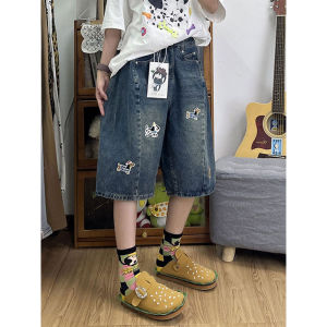 QIANCHANGNAAI | Plus Size Puppy Embroidered Denim Shorts