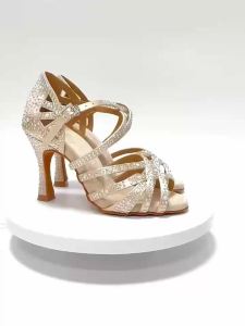 Beige Rhinestones Dance Shoes Salsa Latin Ballroom Indoor Suede Sole Dance Shoes With 9cm Heels