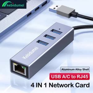 Kebidumei | Kebidumei 1000Mbps Wired Network Card 4 IN 1 USB3.0 HUB Adapter USB3.0 Type-C to RJ45 Giagbit Ethernet Converter For MacBook PC